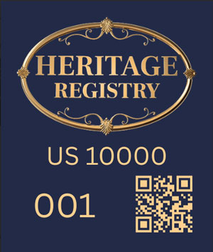 Heritage Registry heirloom sticker — US 10000-001 with QR code
