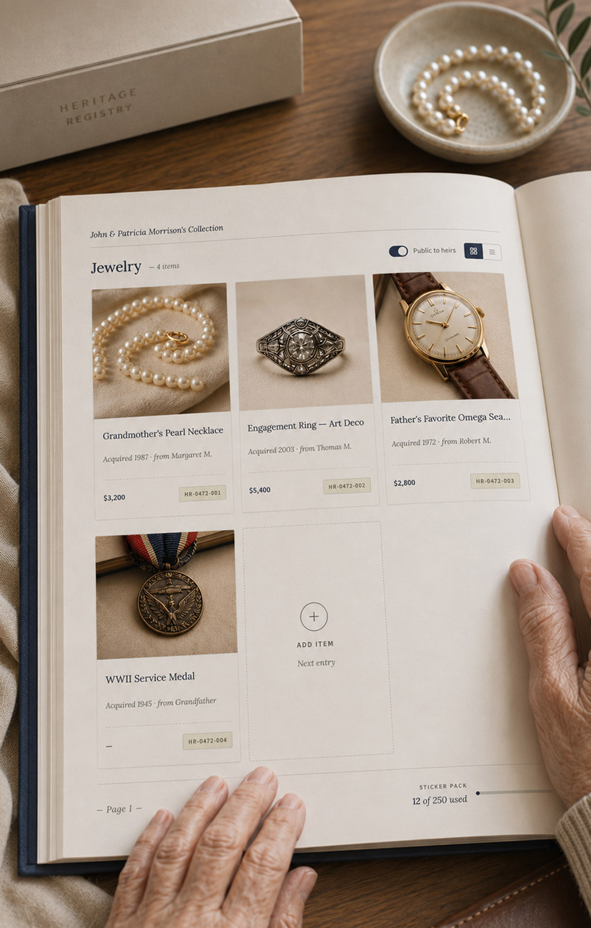 An open Heritage Registry ledger on a wooden table, photographs and a pearl necklace inside.